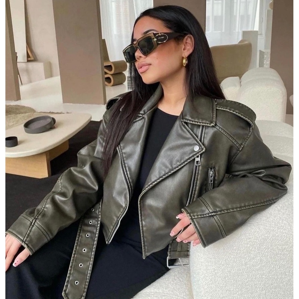 Zara Moto Jacket Women Small Olive Green Edgy Cropped Faux Leather Biker Coat